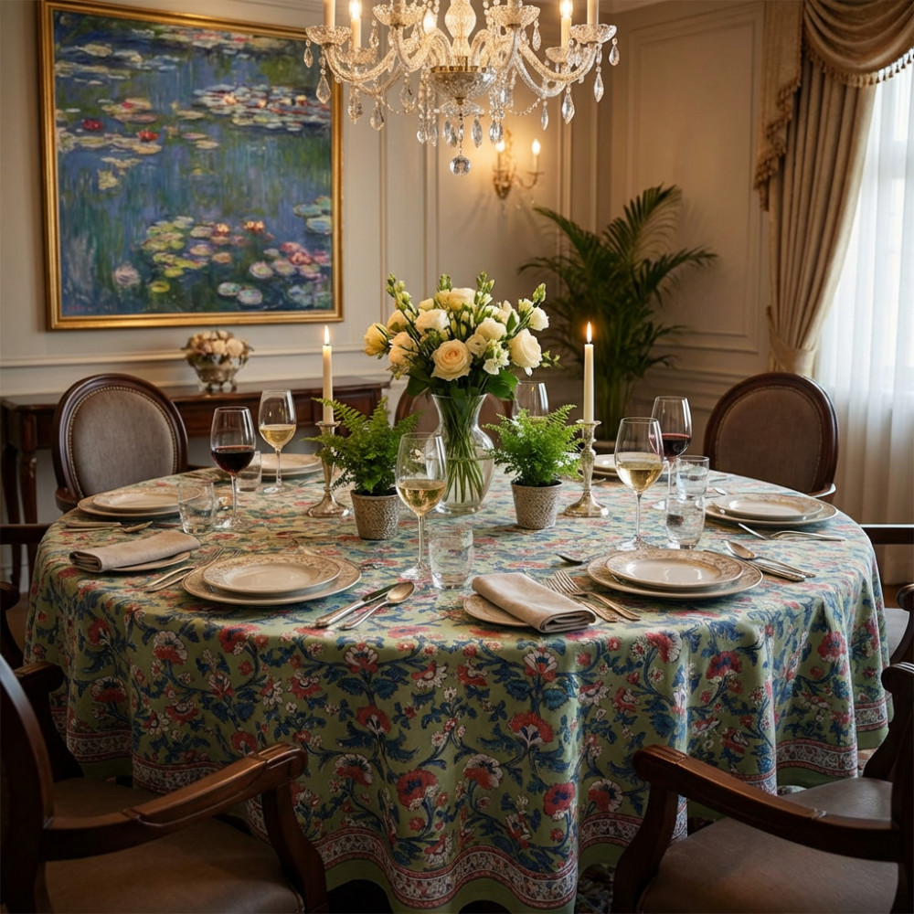 Image of Hand Block Printed Cotton Round Tablecloth 220 cms | Rukhsana Jade Gud 204222