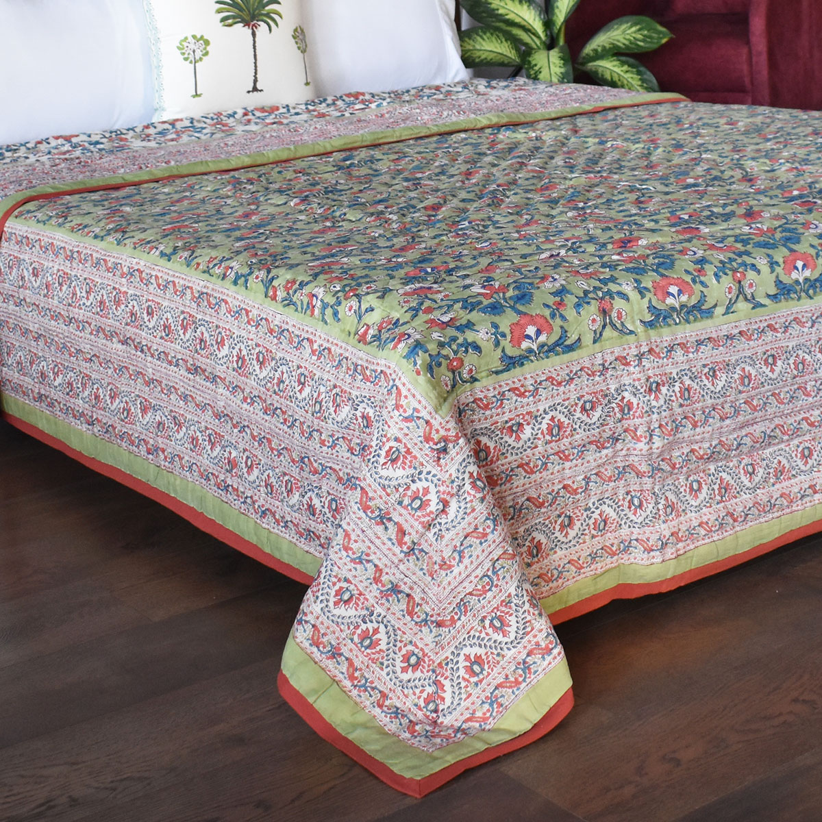 Hand Block Printed Cotton Queen Size Quilt Rukhsana Jade Gud 204222