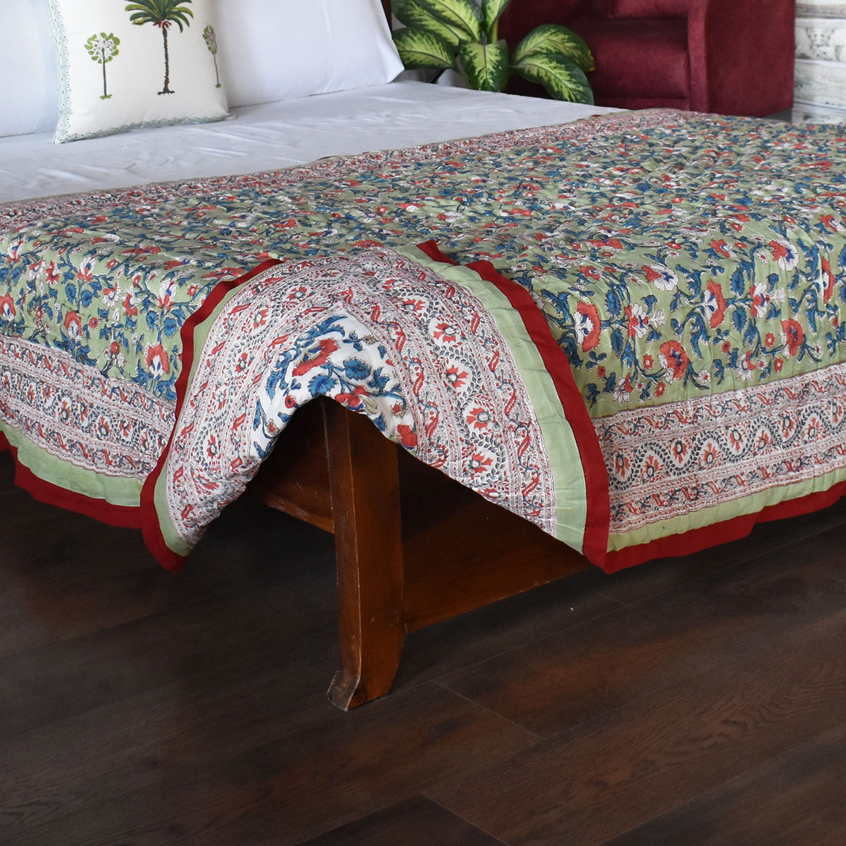 Hand Block Printed Cotton Twin Size Quilt Rukhsana Jade Gud 204222
