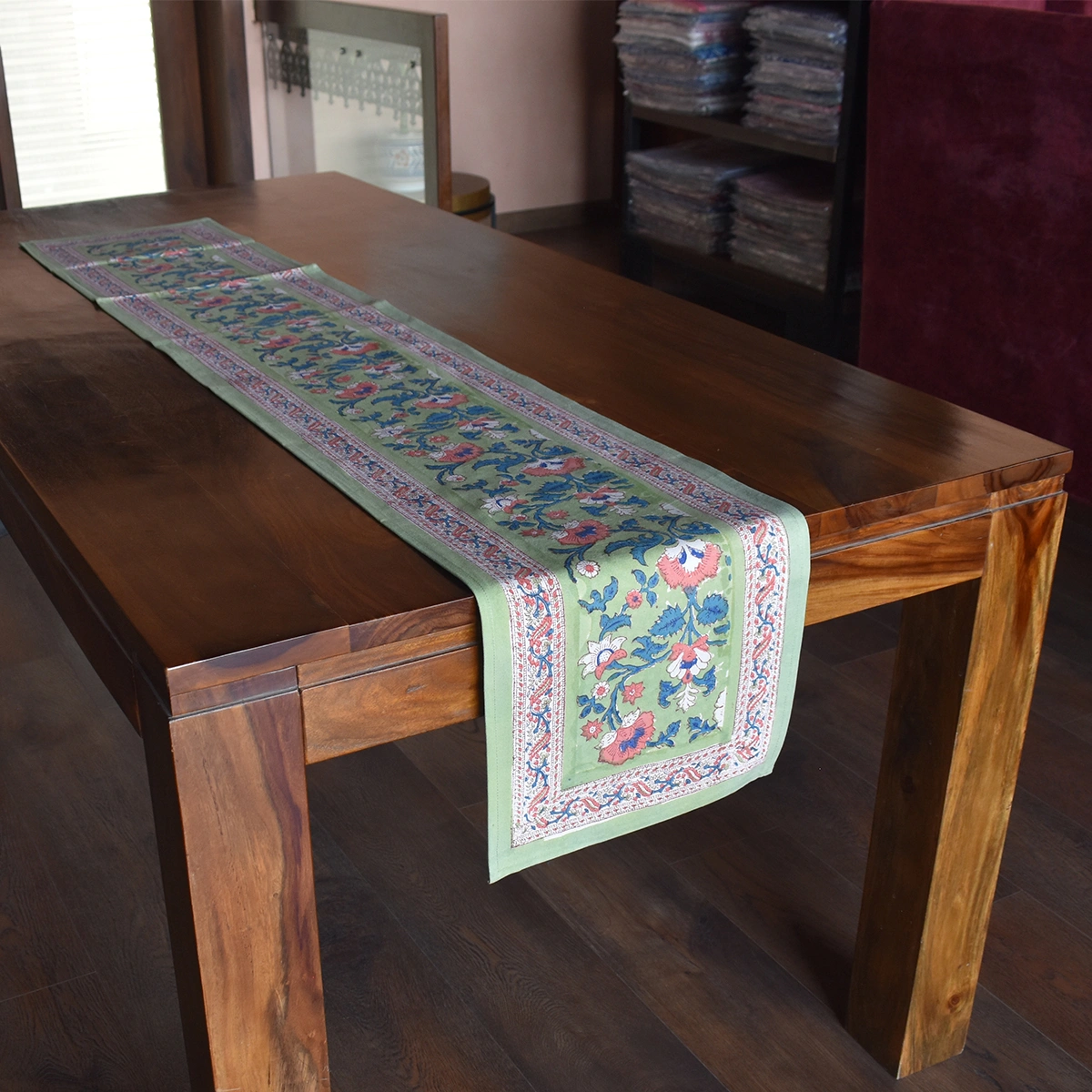 Hand Block Printed Cotton Canvas Table Runner 33x170 cms Rukhsana Jade Gud 204222