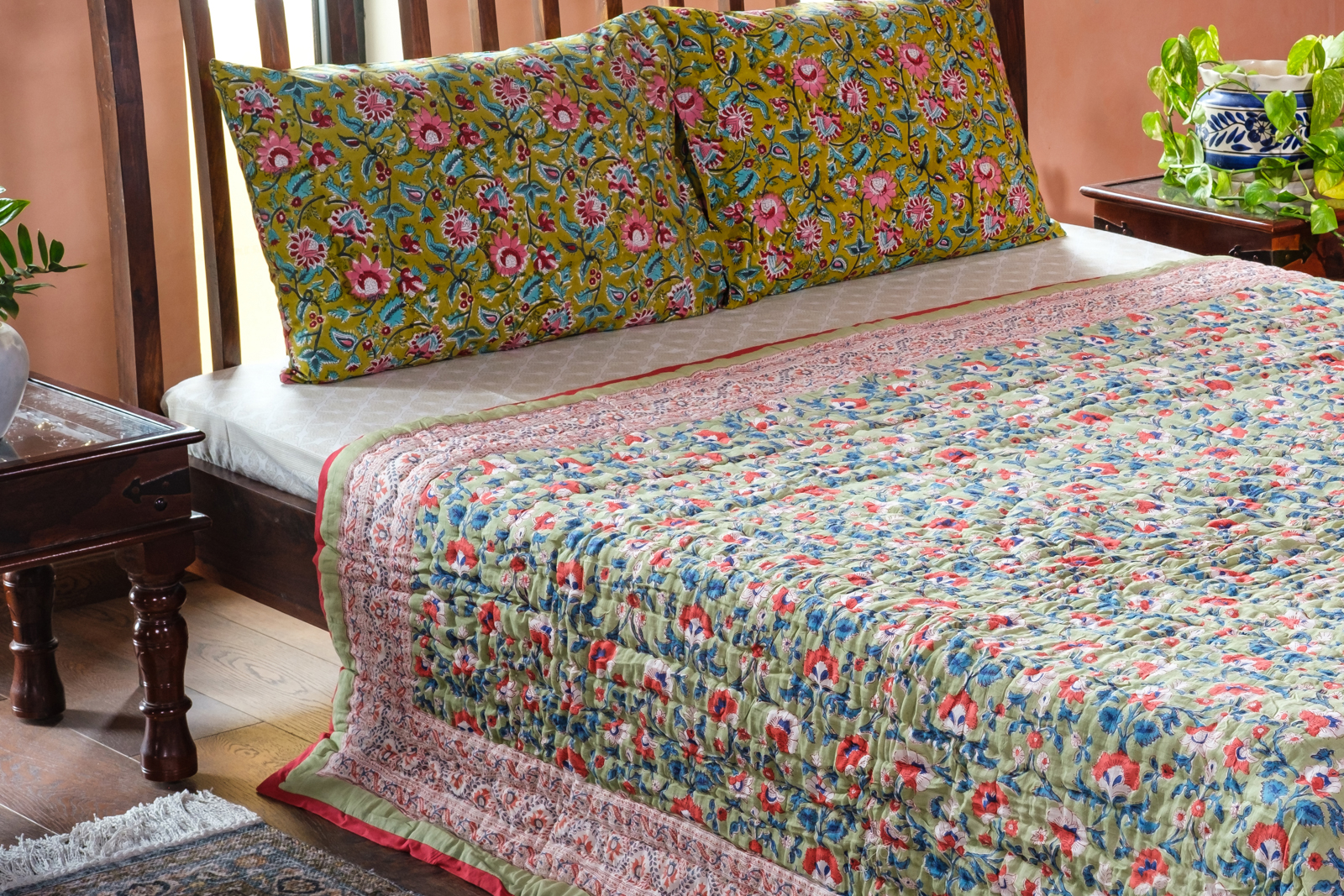 Hand Block Printed Cotton Queen Size Quilt Rukhsana Jade Gud 204222