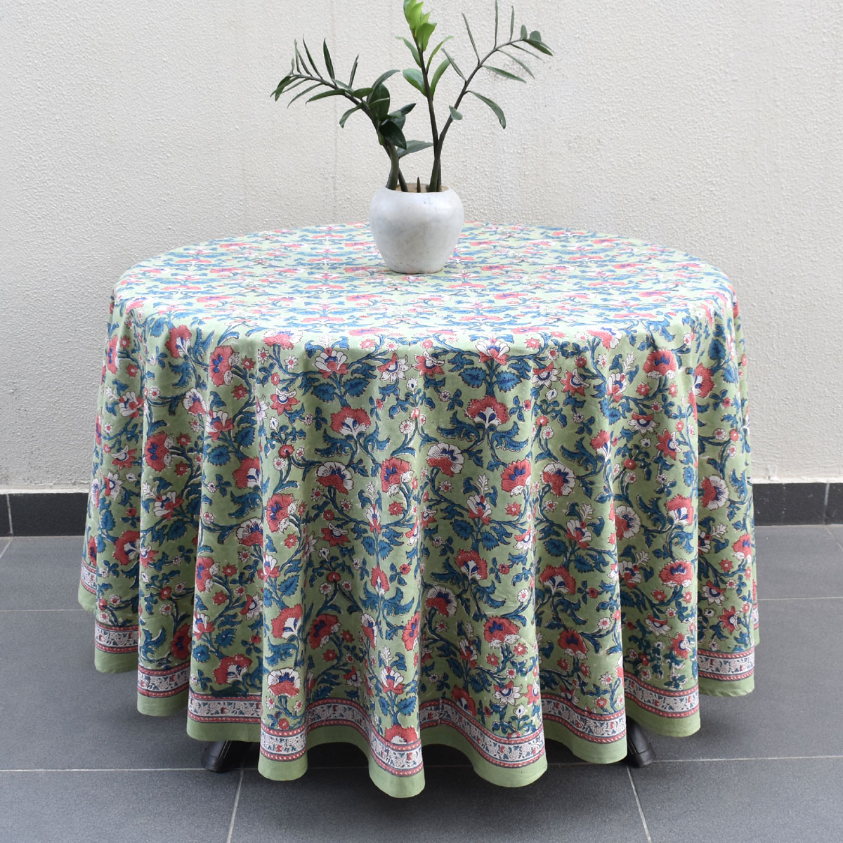 Hand Block Printed Cotton Round Tablecloth 150 cms Rukhsana Jade Gud 204222