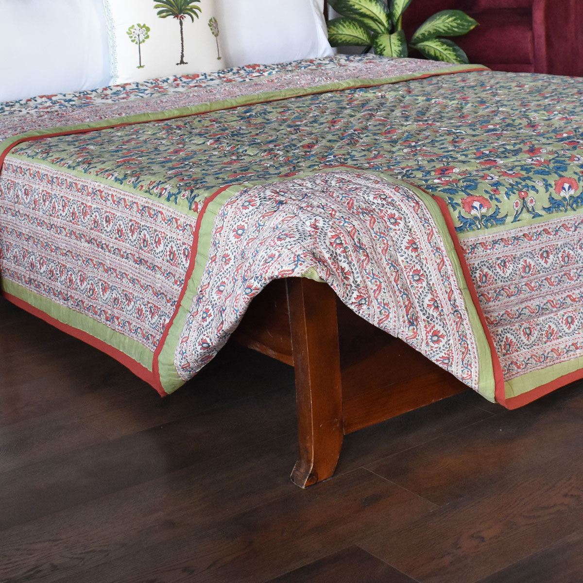 Hand Block Printed Cotton Queen Size Quilt Rukhsana Jade Gud 204222