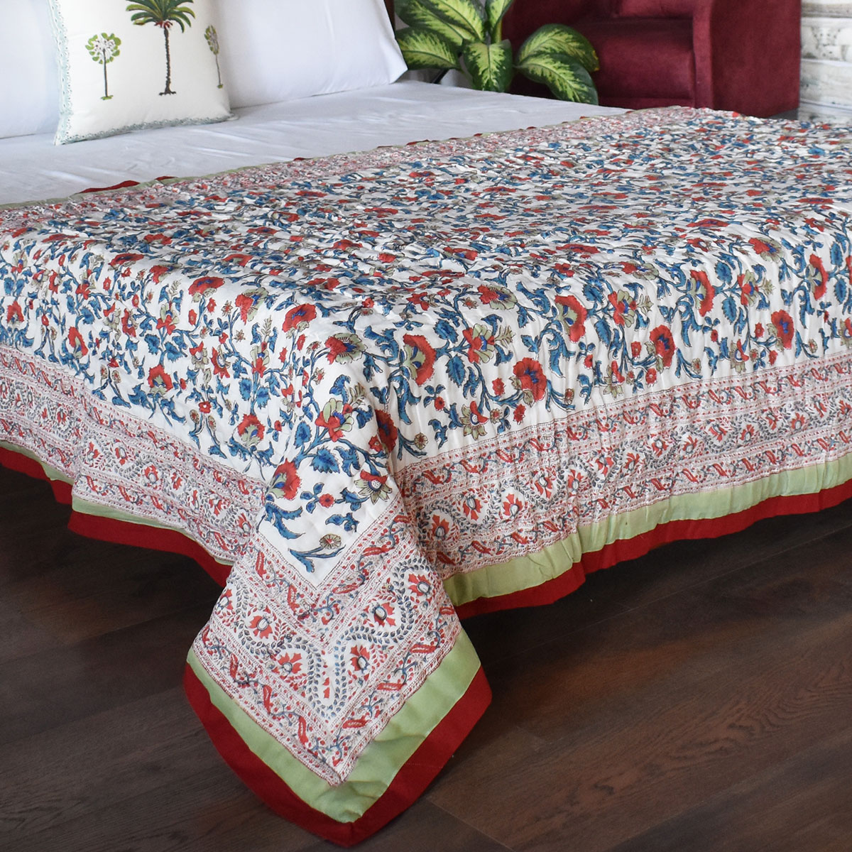 Hand Block Printed Cotton Twin Size Quilt Rukhsana Jade Gud 204222