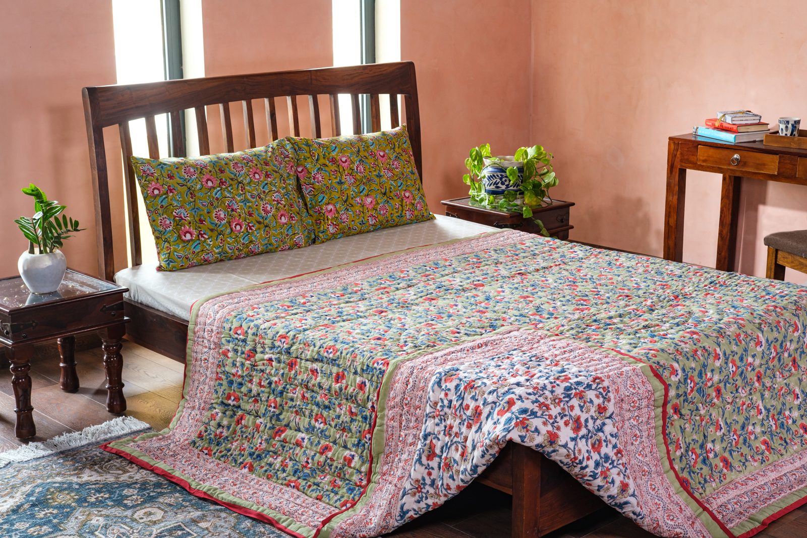 Hand Block Printed Cotton Queen Size Quilt Rukhsana Jade Gud 204222