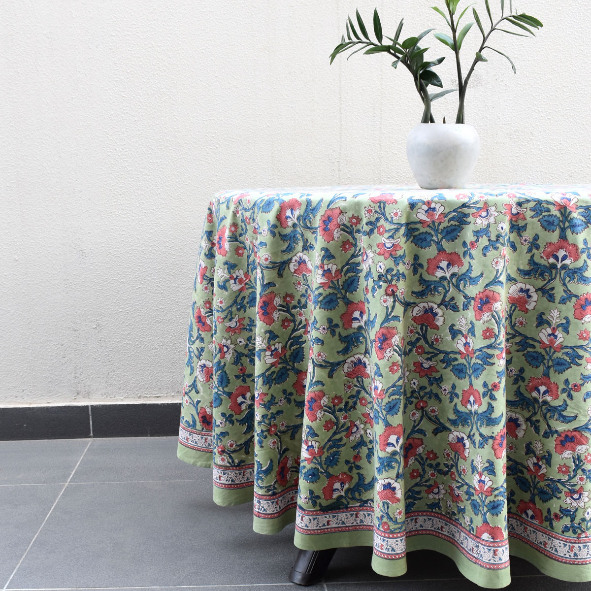 Hand Block Printed Cotton Round Tablecloth 150 cms Rukhsana Jade Gud 204222