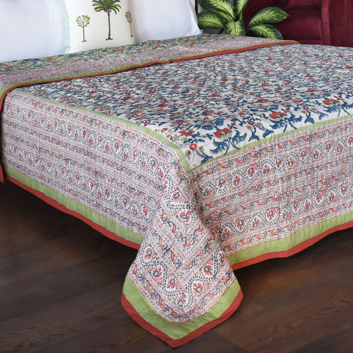Hand Block Printed Cotton Queen Size Quilt Rukhsana Jade Gud 204222