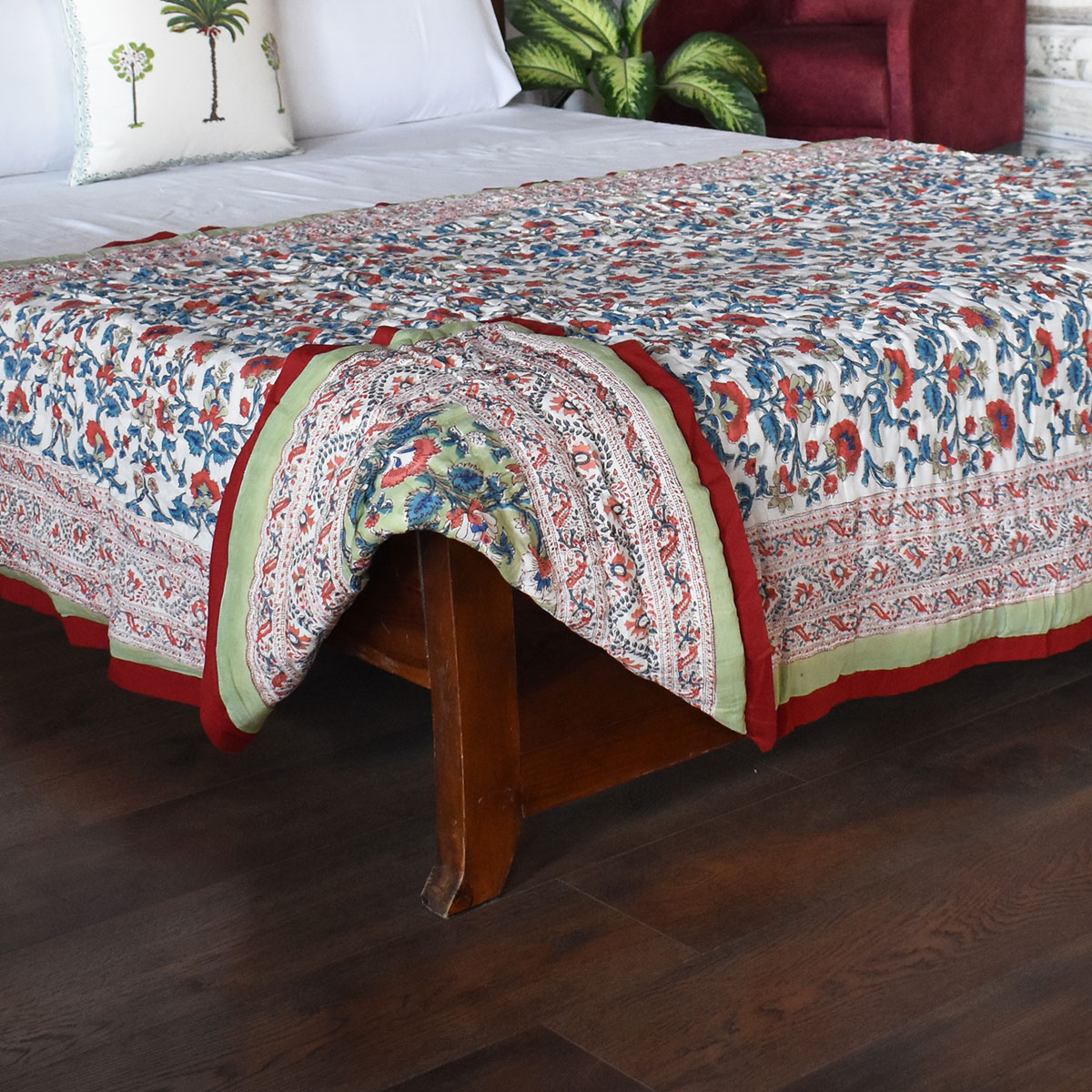 Hand Block Printed Cotton Twin Size Quilt Rukhsana Jade Gud 204222