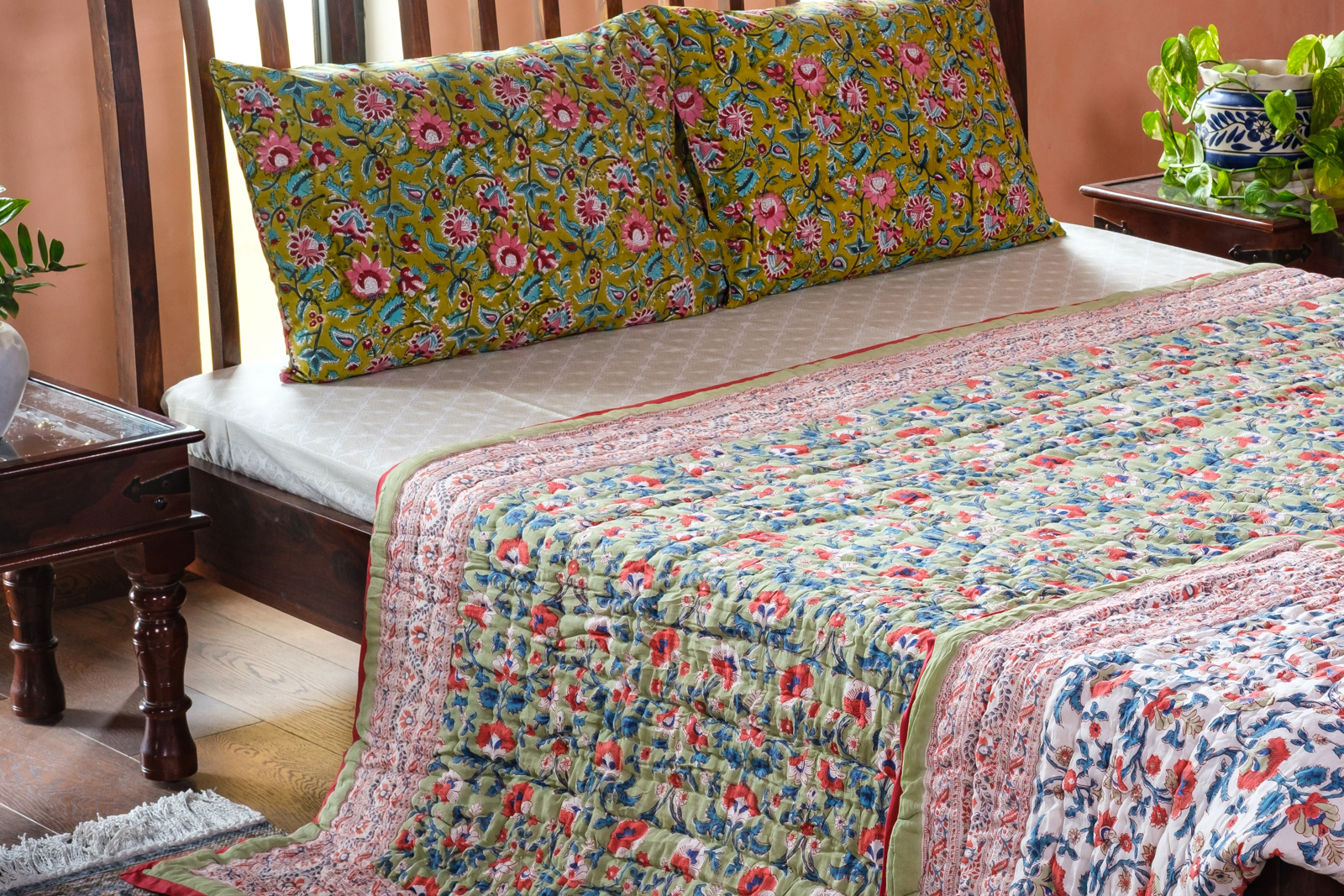 Hand Block Printed Cotton Queen Size Quilt Rukhsana Jade Gud 204222