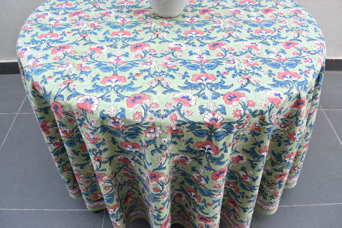 Hand Block Printed Cotton Round Tablecloth 220 cms Rukhsana Jade Gud 204222