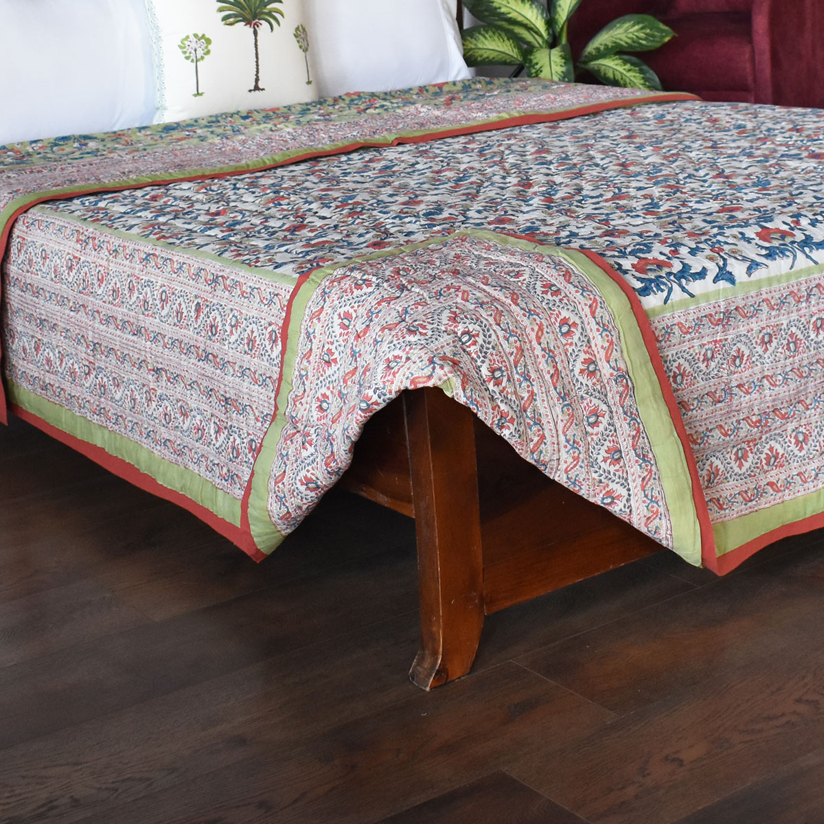 Hand Block Printed Cotton Queen Size Quilt Rukhsana Jade Gud 204222