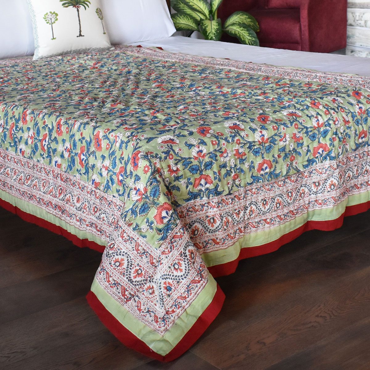 Hand Block Printed Cotton Twin Size Quilt Rukhsana Jade Gud 204222