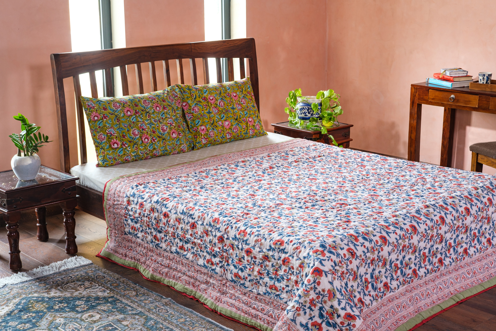 Hand Block Printed Cotton Queen Size Quilt Rukhsana Jade Gud 204222