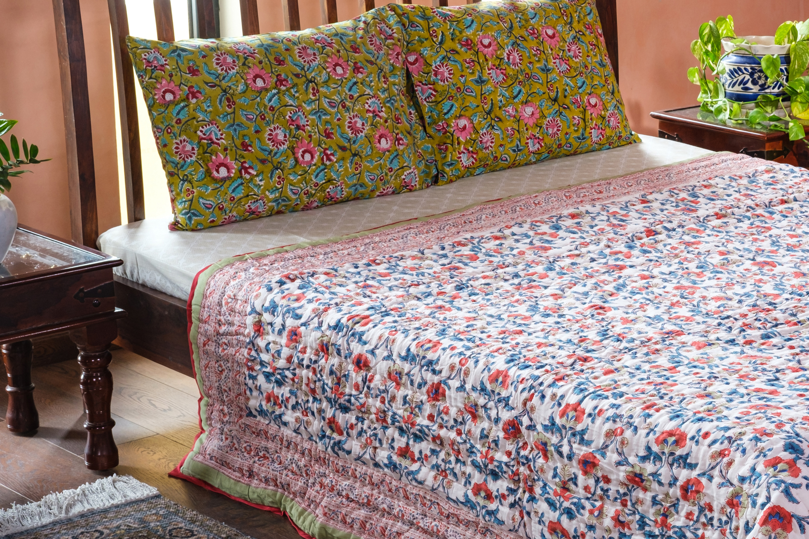 Hand Block Printed Cotton Queen Size Quilt Rukhsana Jade Gud 204222
