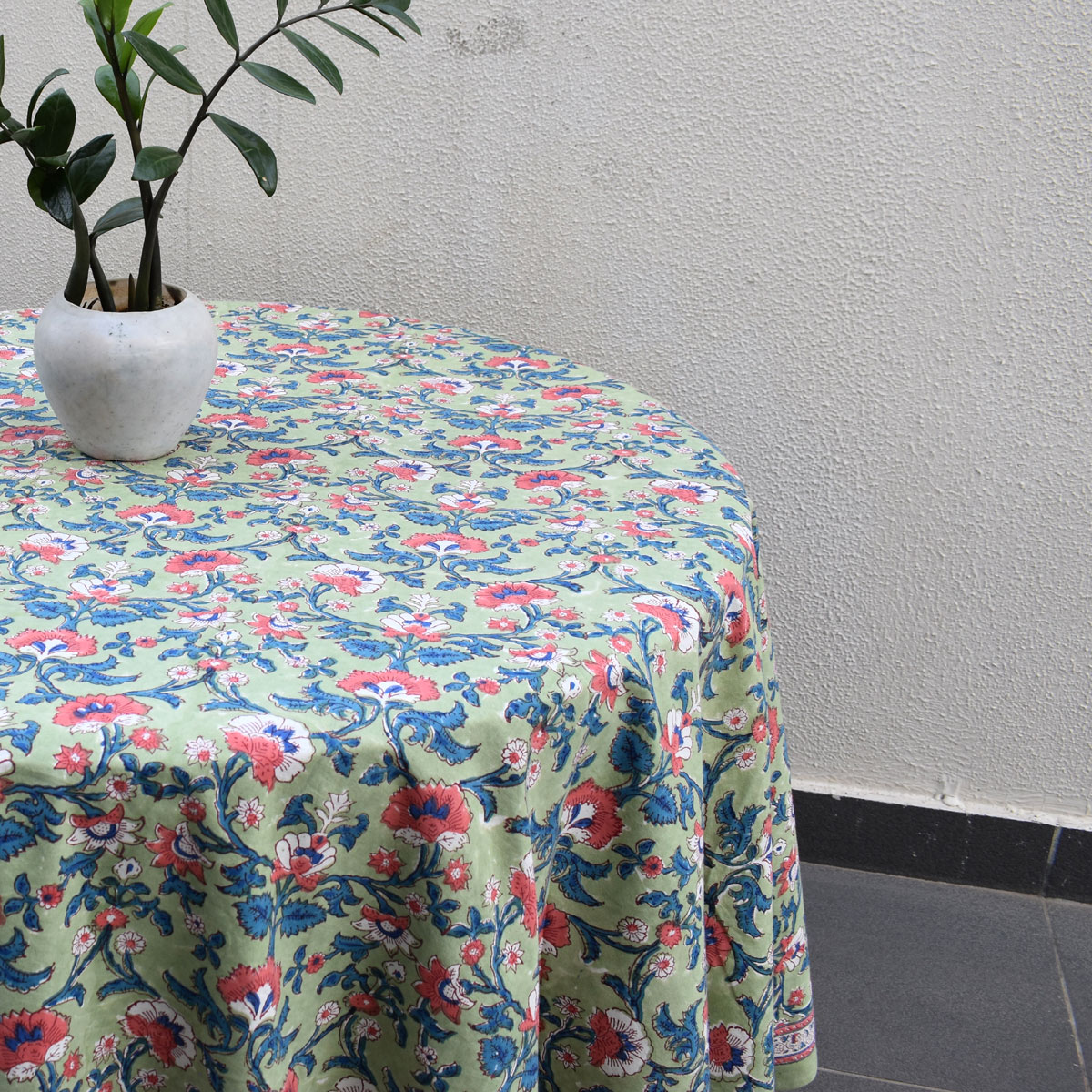 Hand Block Printed Cotton Round Tablecloth 150 cms Rukhsana Jade Gud 204222