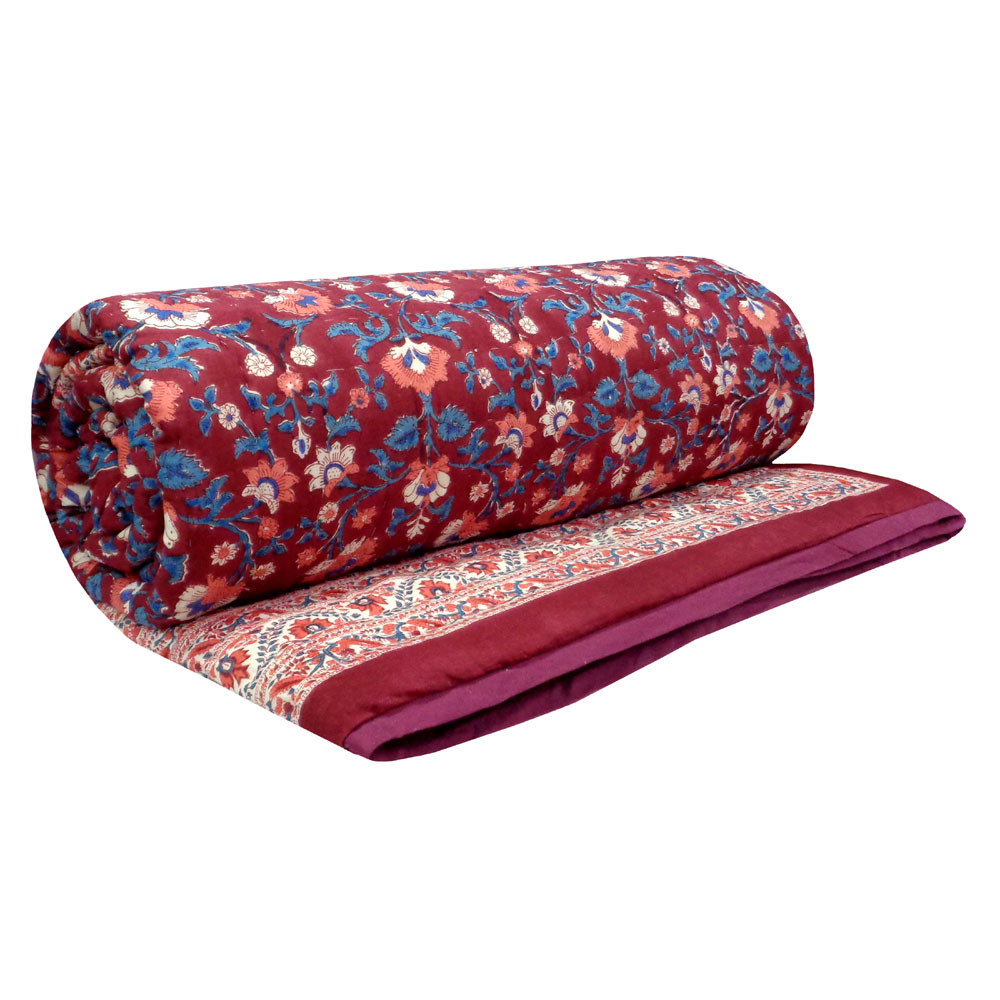 Hand Block Printed Cotton Queen Size Quilt Rukhsana Maroon Gud 105823