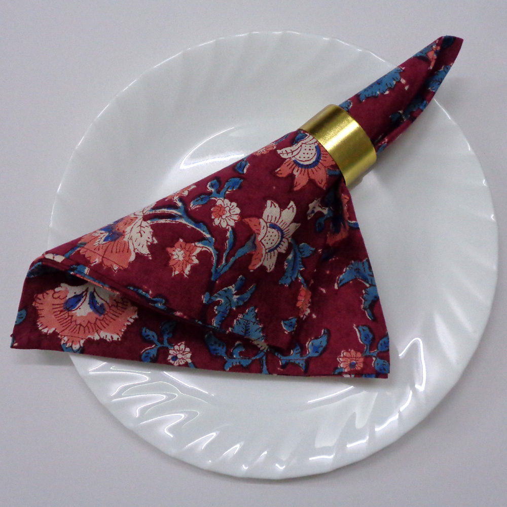 Hand Block Printed Cotton Napkin 45x45 cms Set of 4 Napkins Rukhsana Maroon Gud 105823