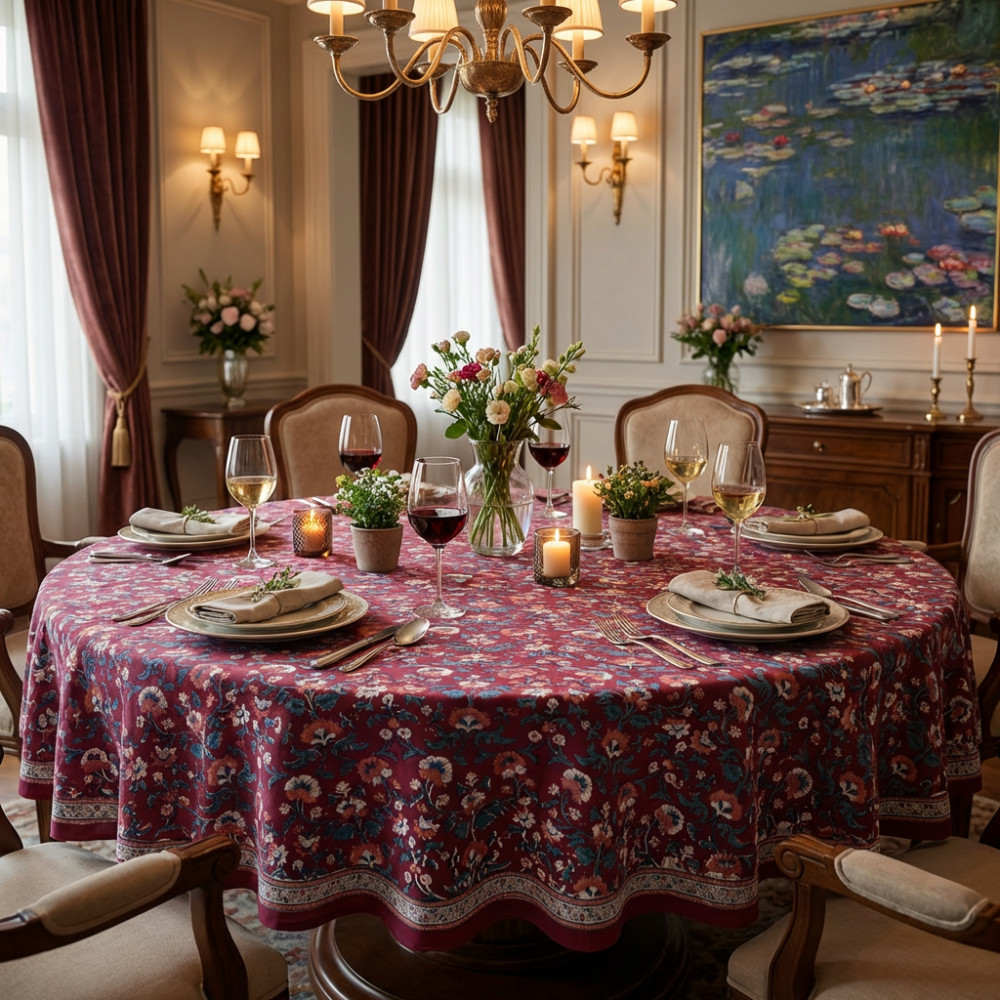 Image of Hand Block Printed Cotton Round Tablecloth 150 cm | Rukhsana Maroon Gud 105823