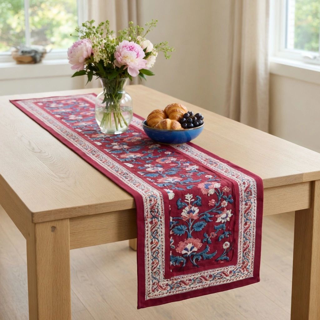 Hand Block Printed Cotton Canvas Table Runner 33x120 cms Rukhsana Maroon Gud 105823