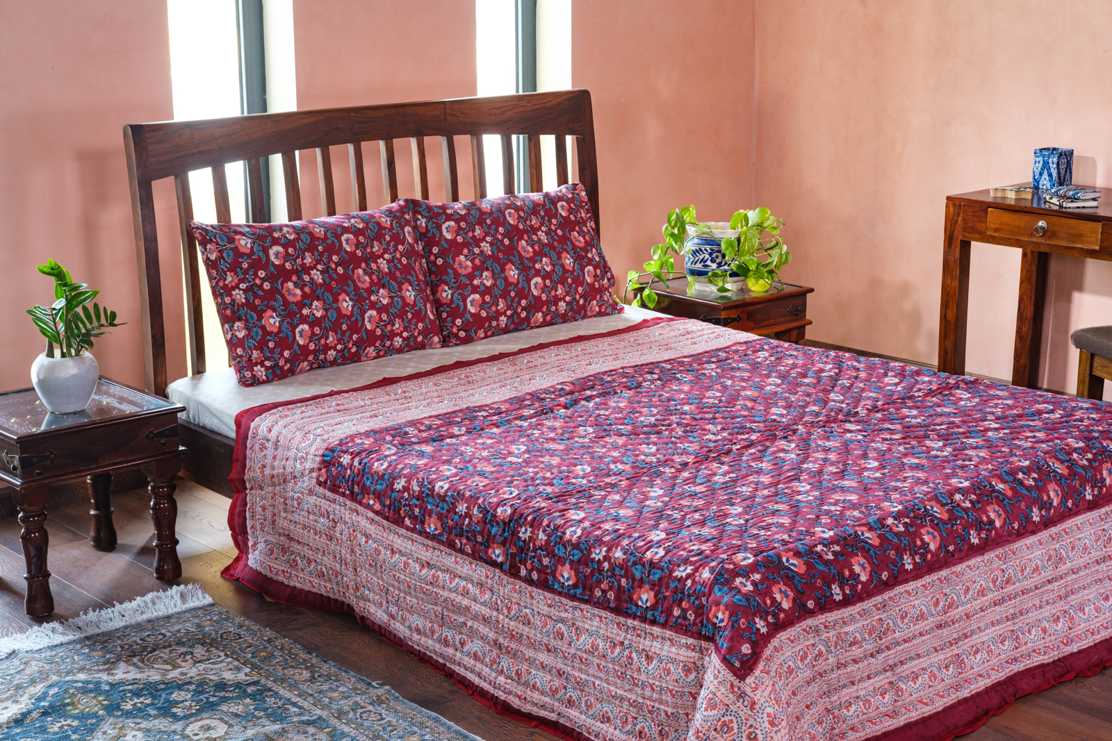 Hand Block Printed Cotton Queen Size Quilt Rukhsana Maroon Gud 105823