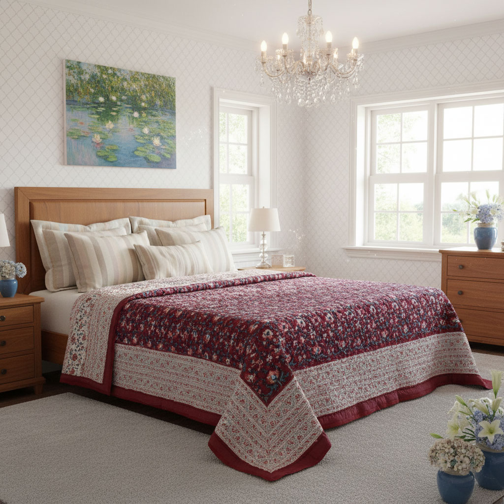 Hand Block Printed Cotton Twin Size Quilt Rukhsana Maroon Gud 105823
