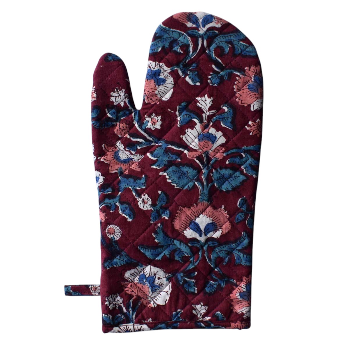Artisan-Made Hand Block Printed Oven Mitt and Pot Holder Set Rukhsana Maroon Gud 105823
