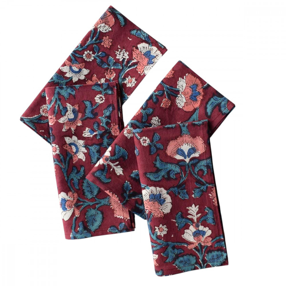 Image of Hand Block Printed Cotton Napkin 45x45 cms (Set of 4 Napkins) | Rukhsana Maroon Gud 105823