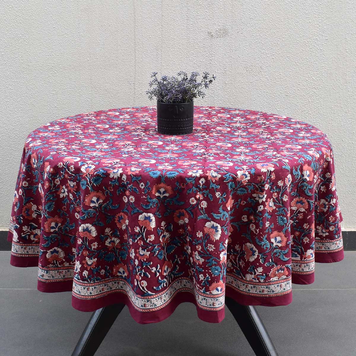 Hand Block Printed Cotton Round Tablecloth 150 cm Rukhsana Maroon Gud 105823