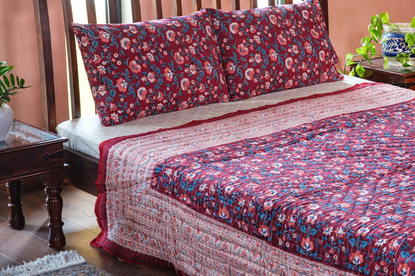 Hand Block Printed Cotton Queen Size Quilt Rukhsana Maroon Gud 105823