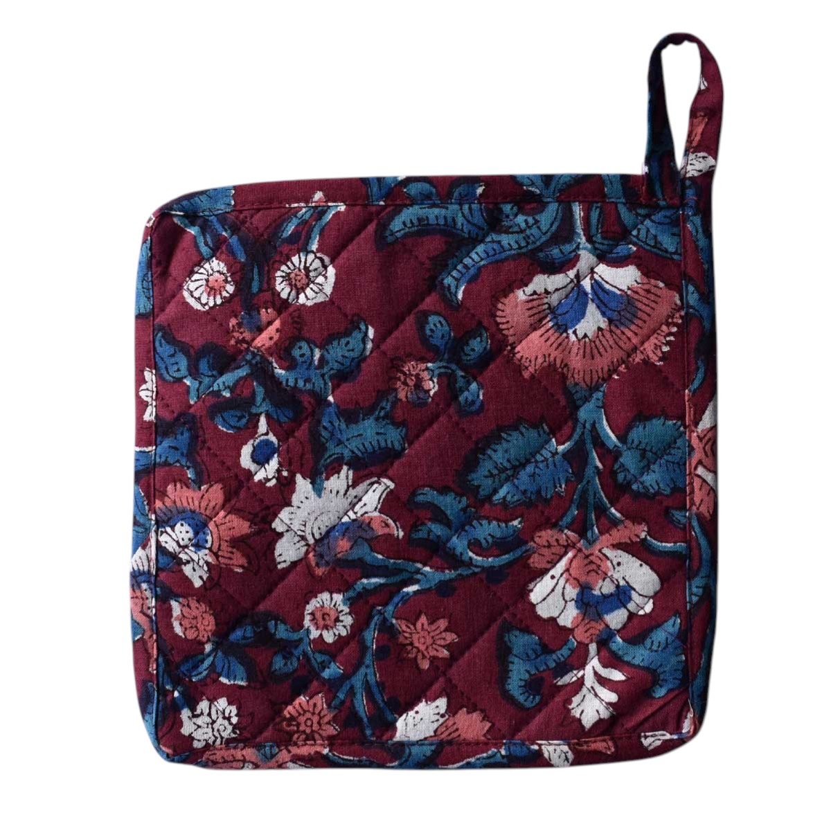 Artisan-Made Hand Block Printed Oven Mitt and Pot Holder Set Rukhsana Maroon Gud 105823