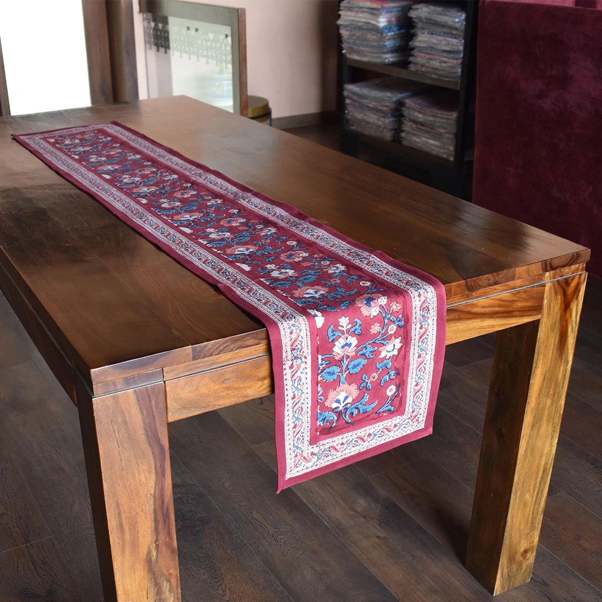 Hand Block Printed Cotton Canvas Table Runner 33x170 cms Rukhsana Maroon Gud 105823