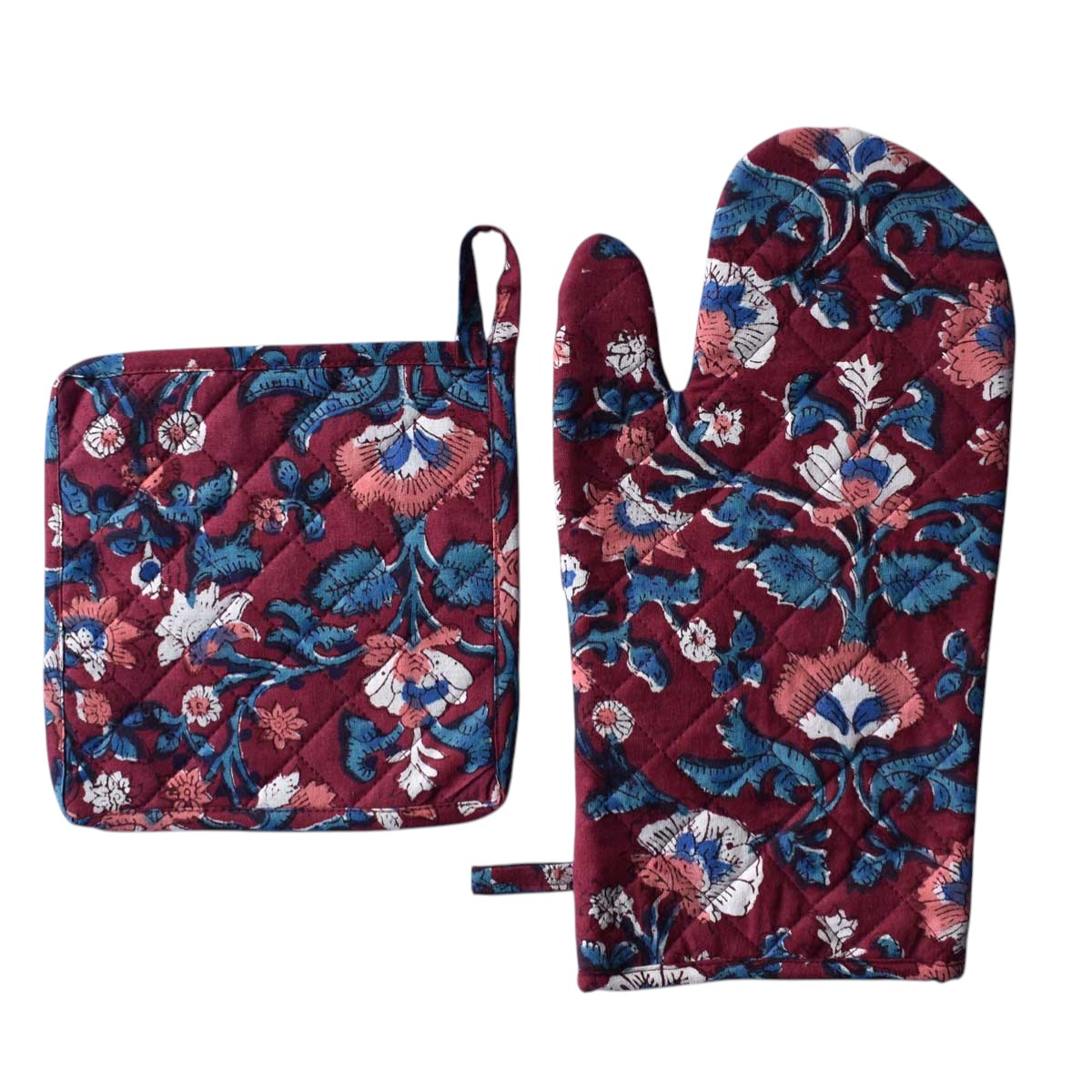 Artisan-Made Hand Block Printed Oven Mitt and Pot Holder Set Rukhsana Maroon Gud 105823
