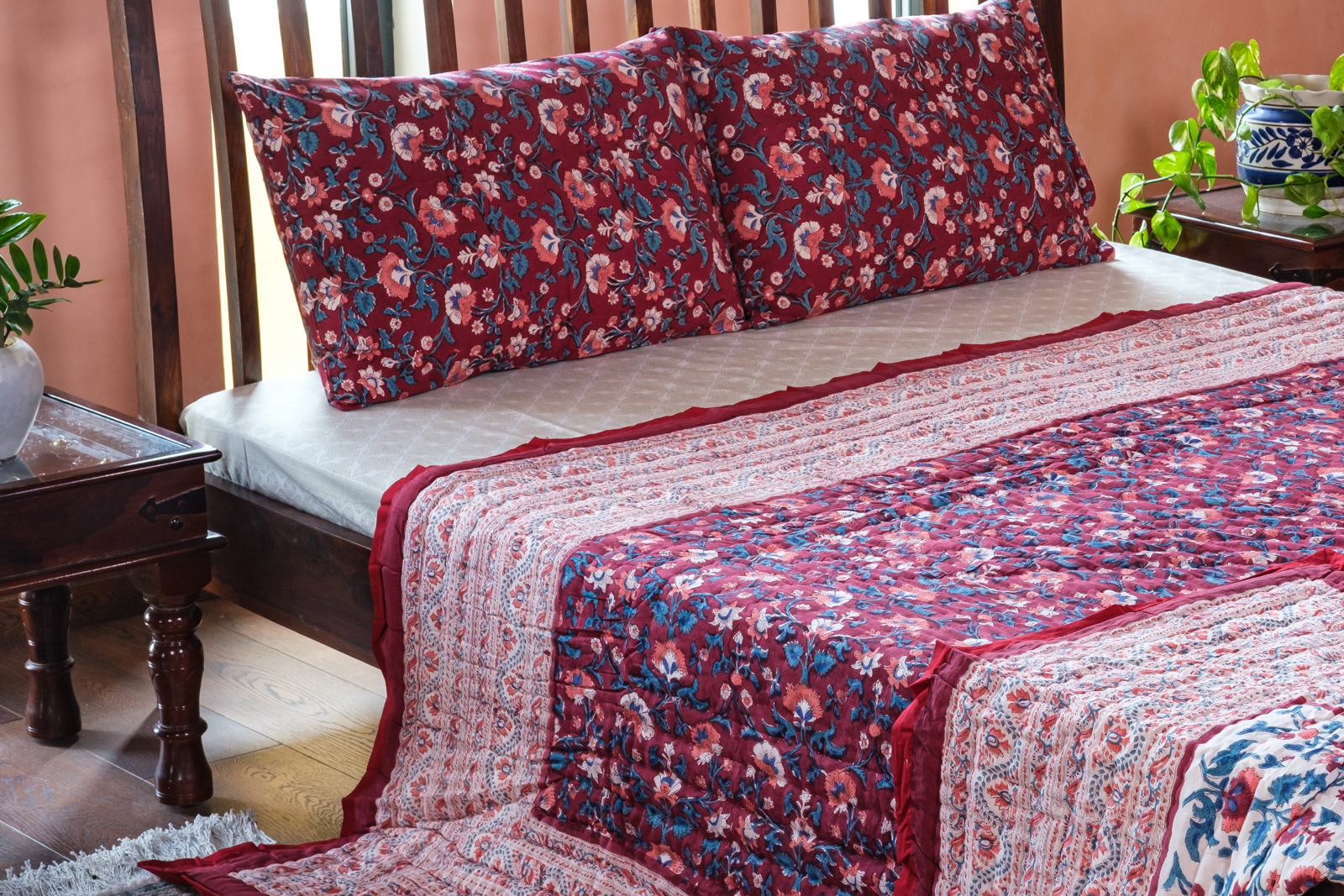 Hand Block Printed Cotton Queen Size Quilt Rukhsana Maroon Gud 105823