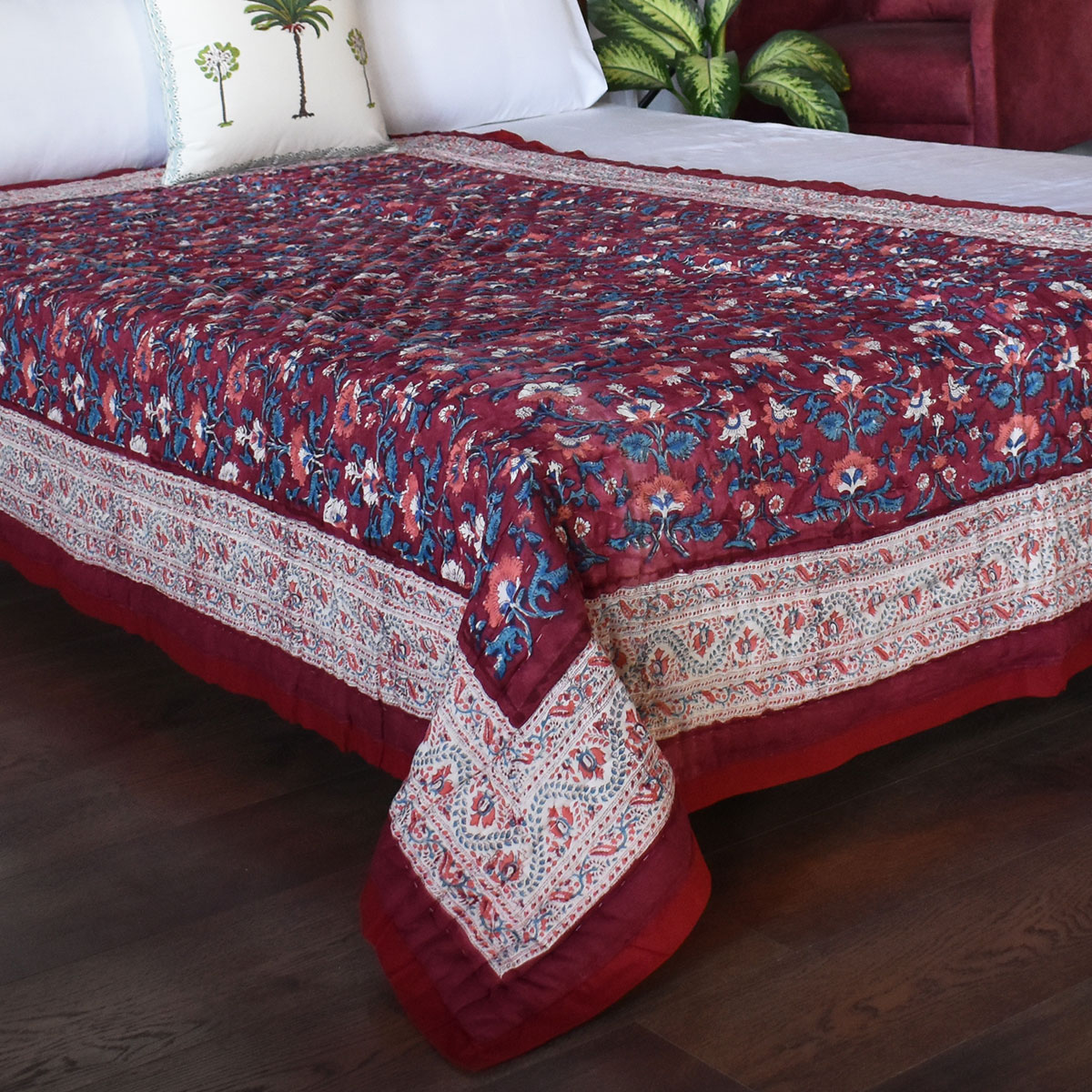 Hand Block Printed Cotton Twin Size Quilt Rukhsana Maroon Gud 105823