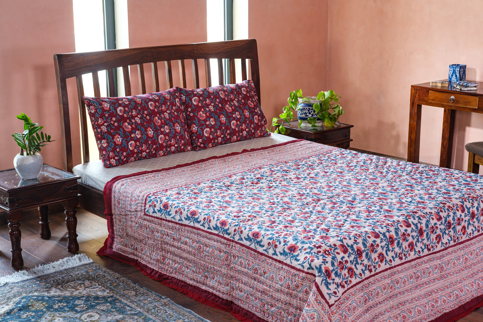 Hand Block Printed Cotton Queen Size Quilt Rukhsana Maroon Gud 105823