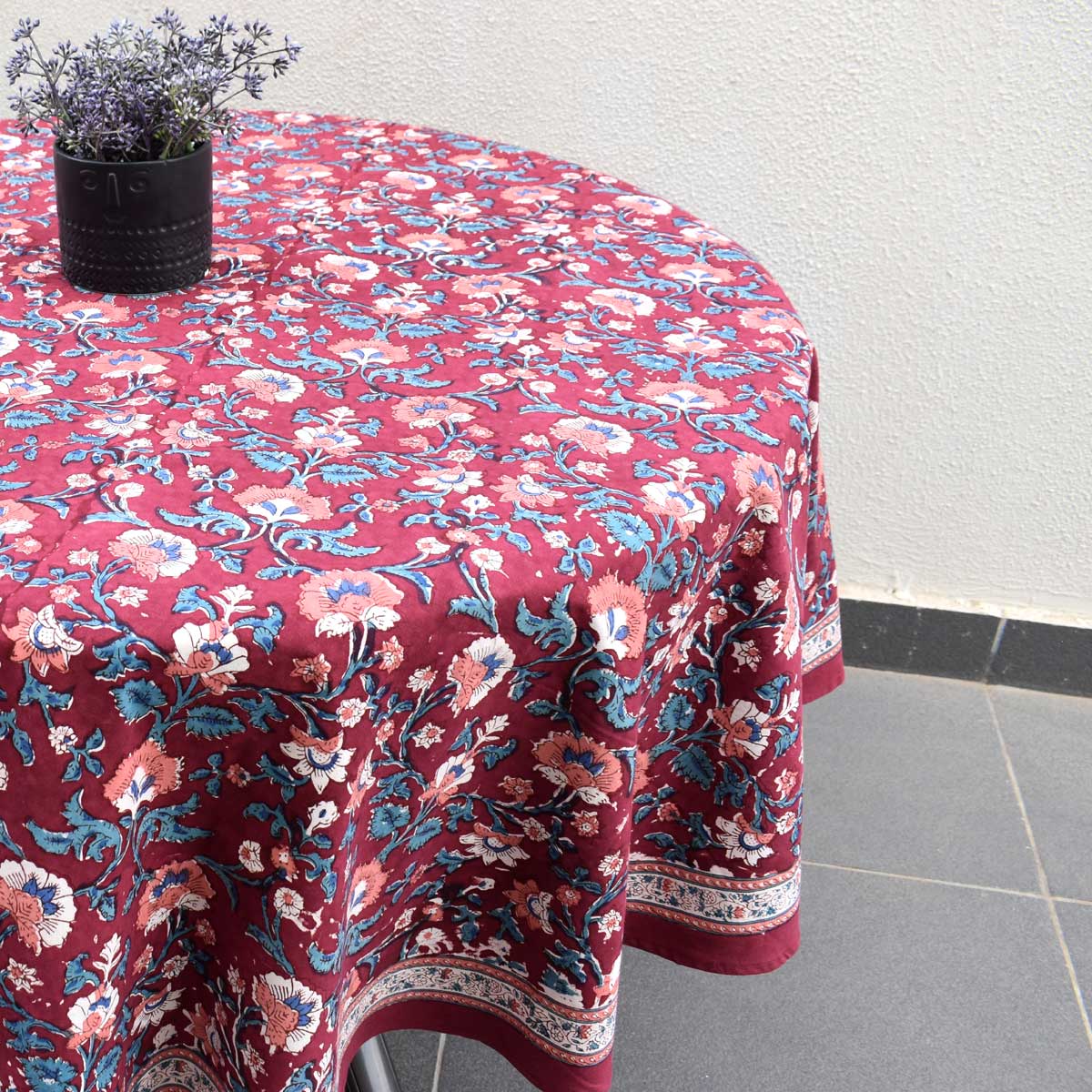 Hand Block Printed Cotton Round Tablecloth 150 cm Rukhsana Maroon Gud 105823