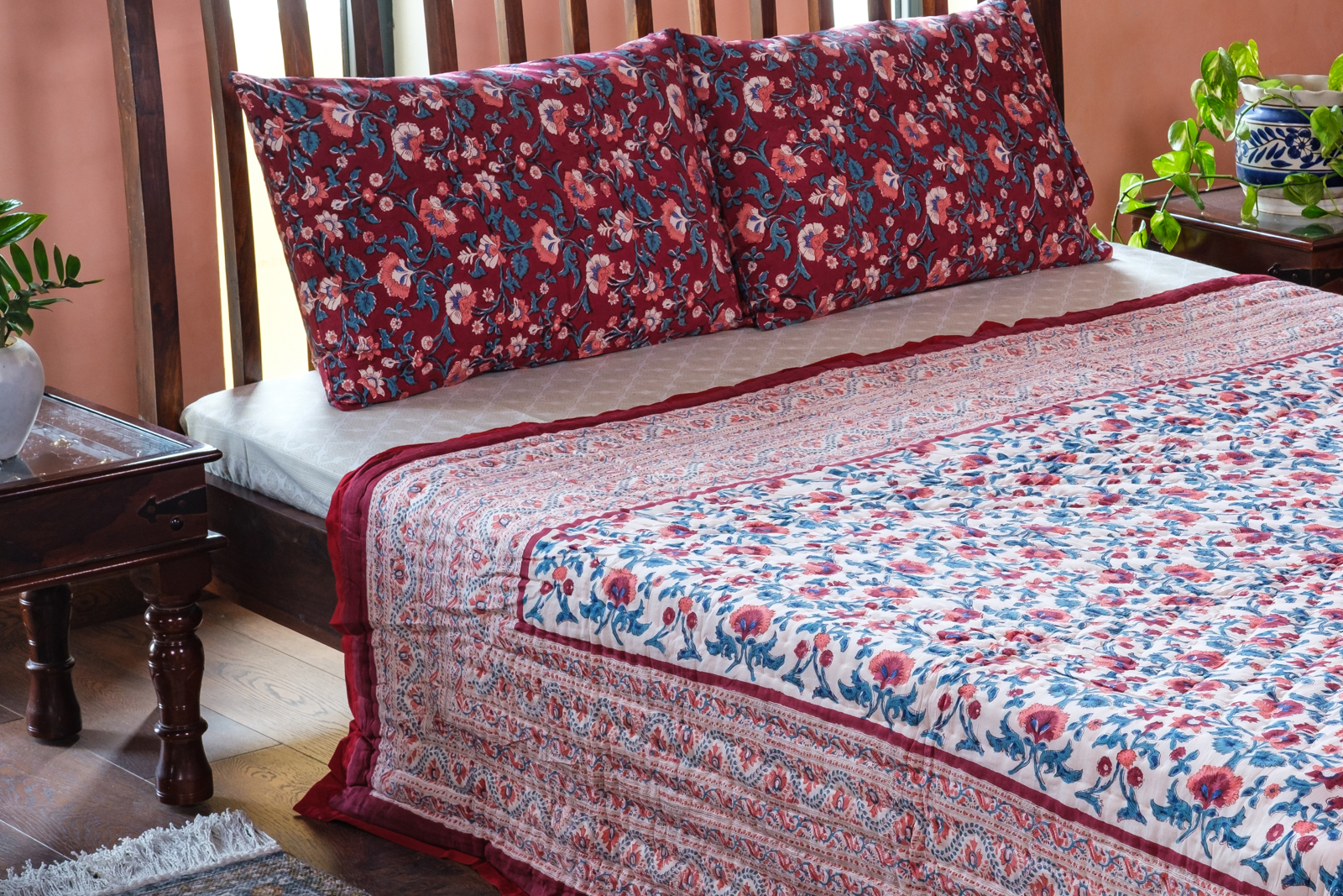 Hand Block Printed Cotton Queen Size Quilt Rukhsana Maroon Gud 105823