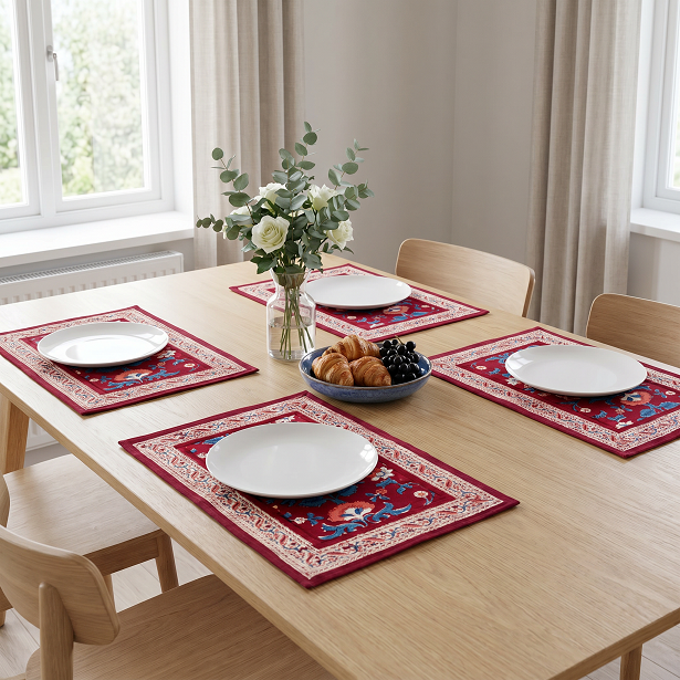 Hand Block Printed Cotton Canvas Table Mat 32x48 cms Set of 2 Table mats Rukhsana Maroon Gud 105823