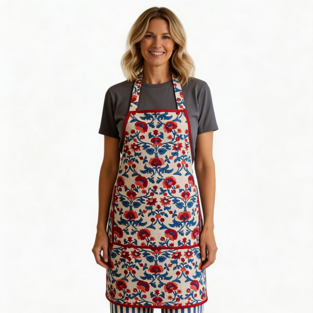 Image of Indian Block-Printed 100% Cotton Apron | Rukhsana Maroon Open 103616