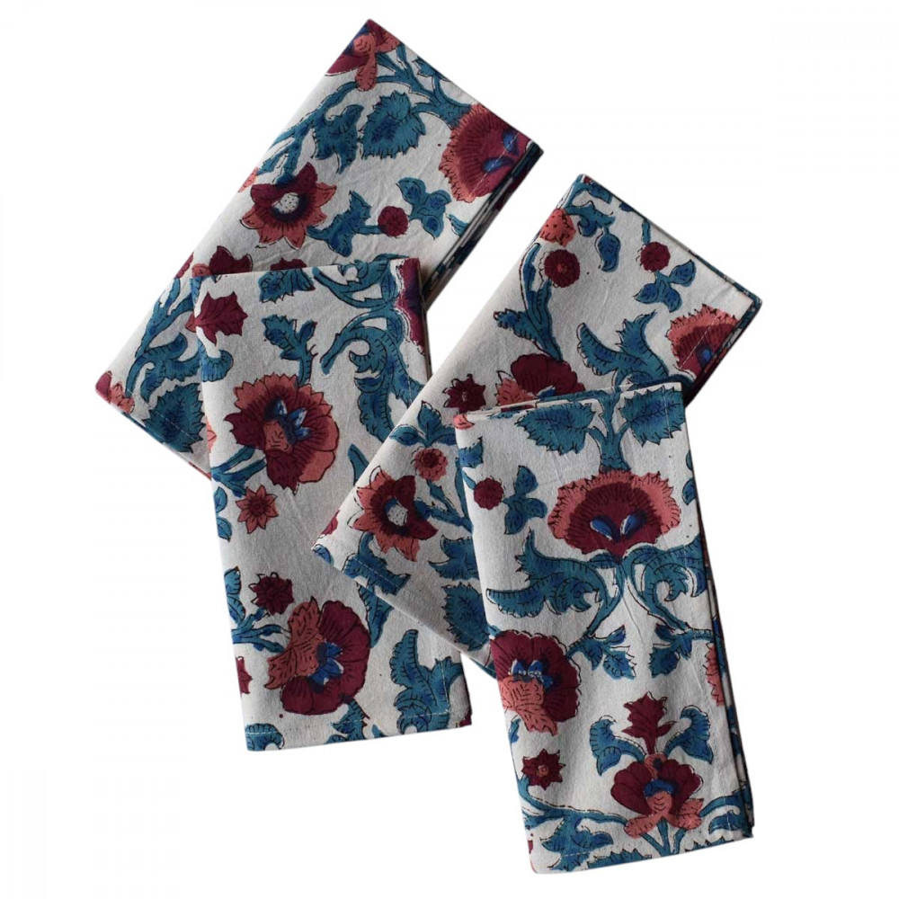 Image of Hand Block Printed Cotton Napkin 45x45 cms (Set of 4 Napkins) | Rukhsana Maroon Open 100350