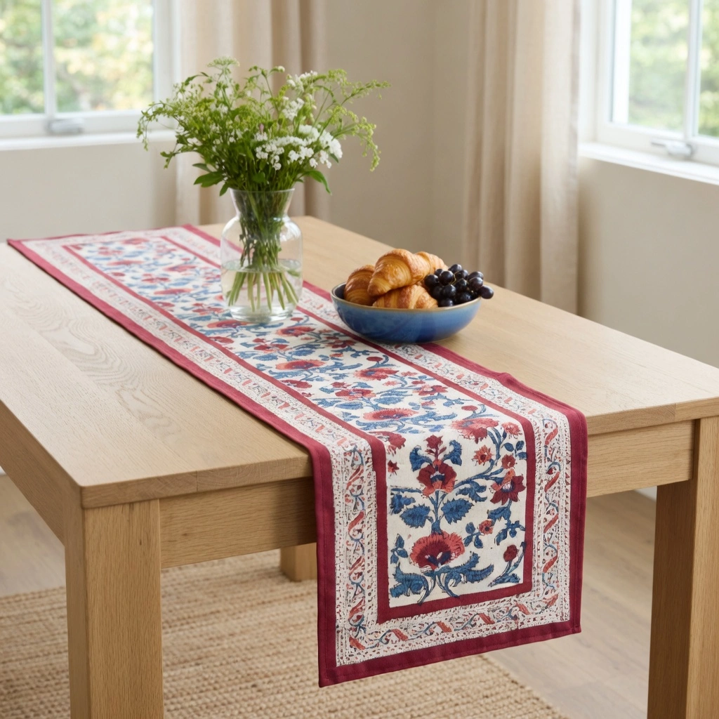 Hand Block Printed Cotton Canvas Table Runner 33x120 cms Rukhsana Maroon Open 103616