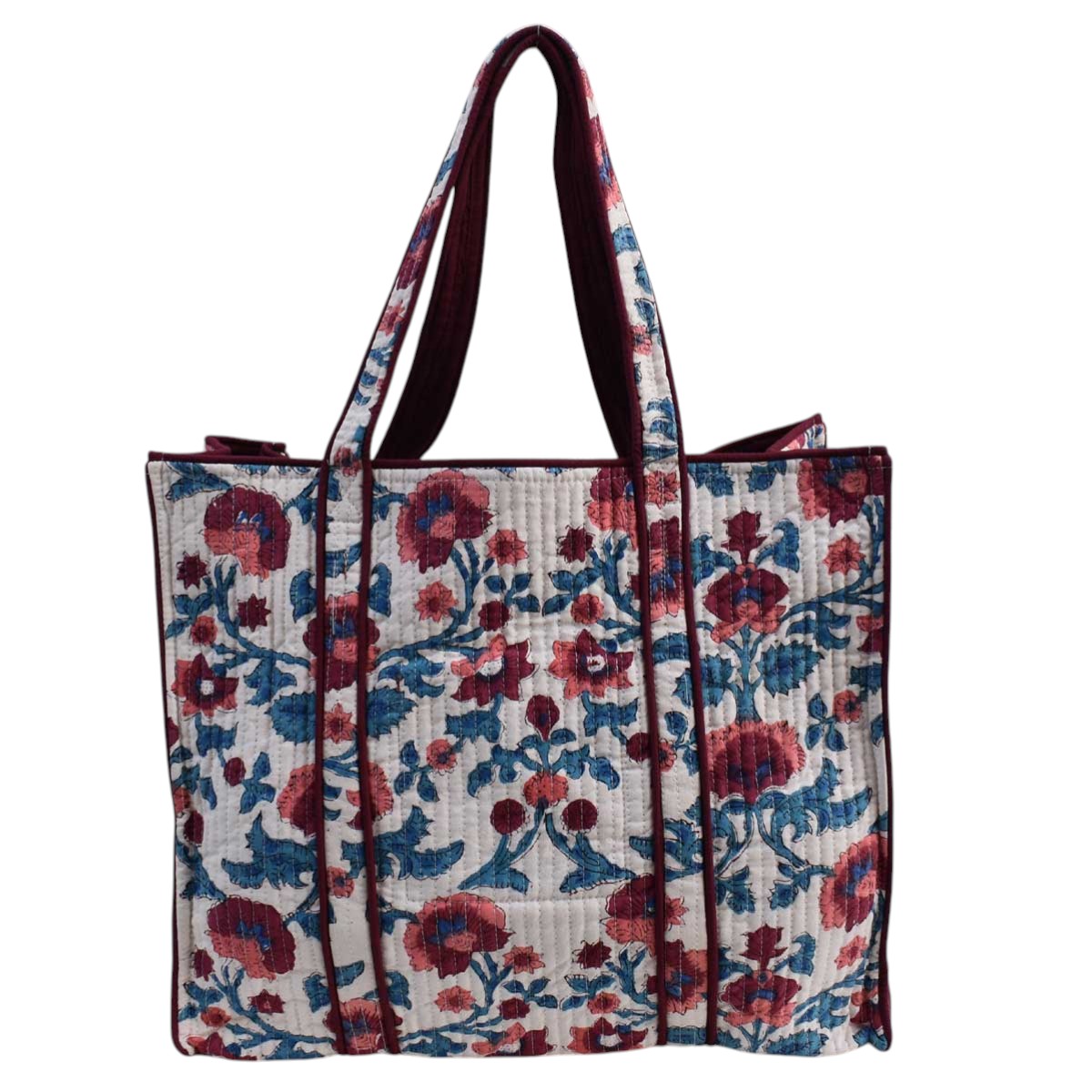 Hand Block Printed Cotton Quilted Tote Bag Rukhsana Maroon Open 103616
