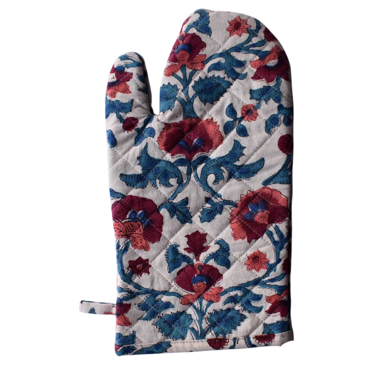 Artisan-Made Hand Block Printed Oven Mitt and Pot Holder Set Rukhsana Maroon Open 103616