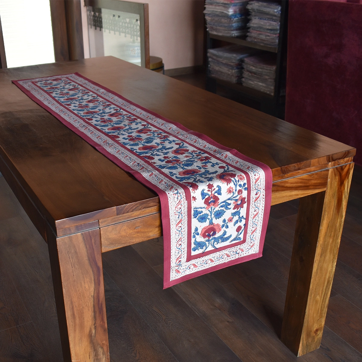 Hand Block Printed Cotton Canvas Table Runner 33x170 cms Rukhsana Maroon Open 103616