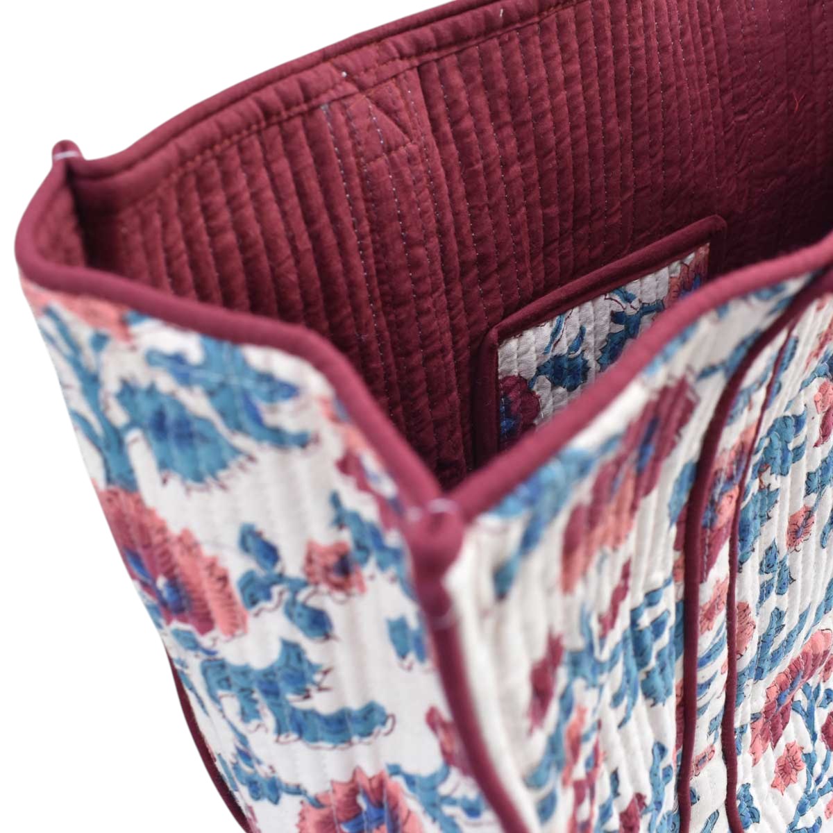 Hand Block Printed Cotton Quilted Tote Bag Rukhsana Maroon Open 103616