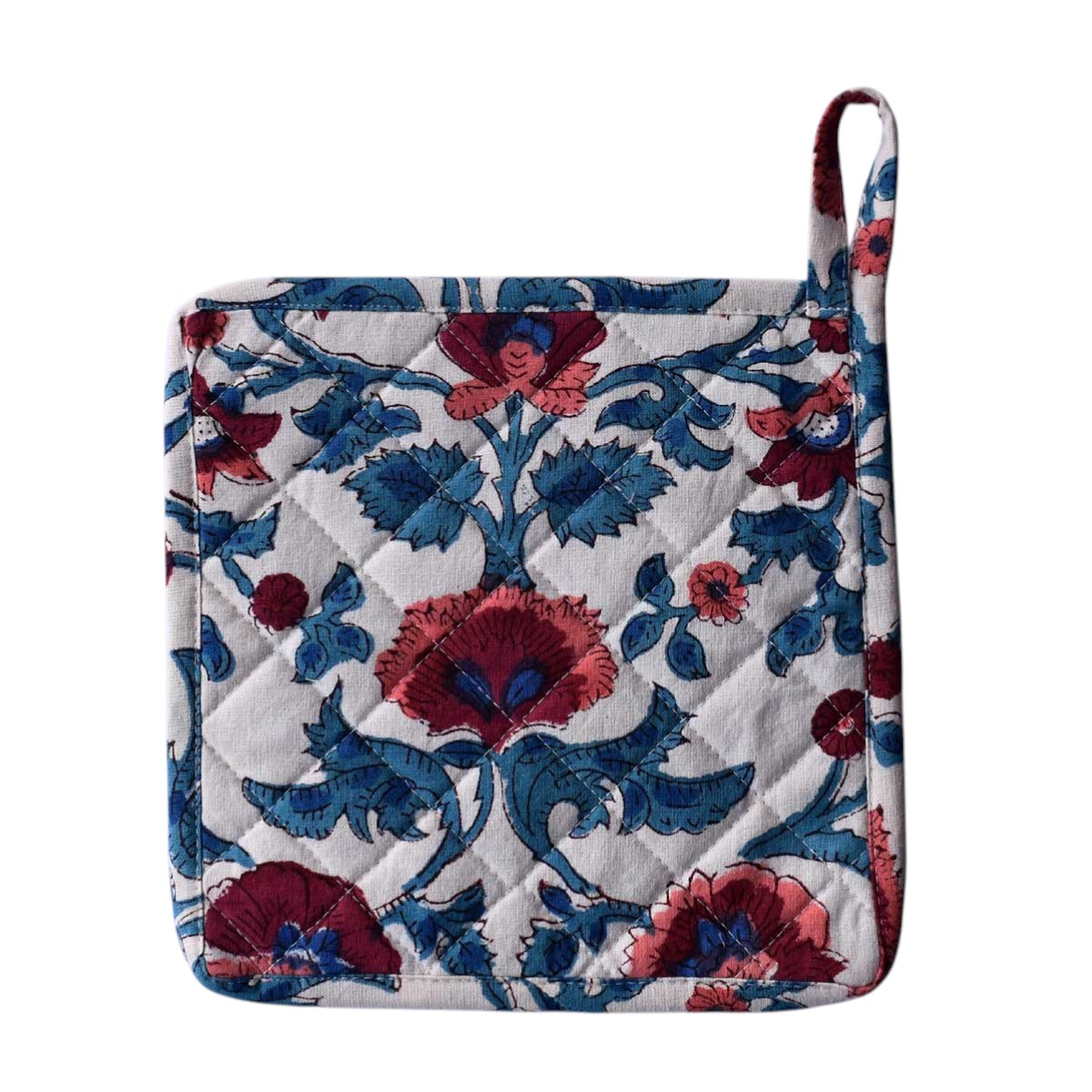 Artisan-Made Hand Block Printed Oven Mitt and Pot Holder Set Rukhsana Maroon Open 103616