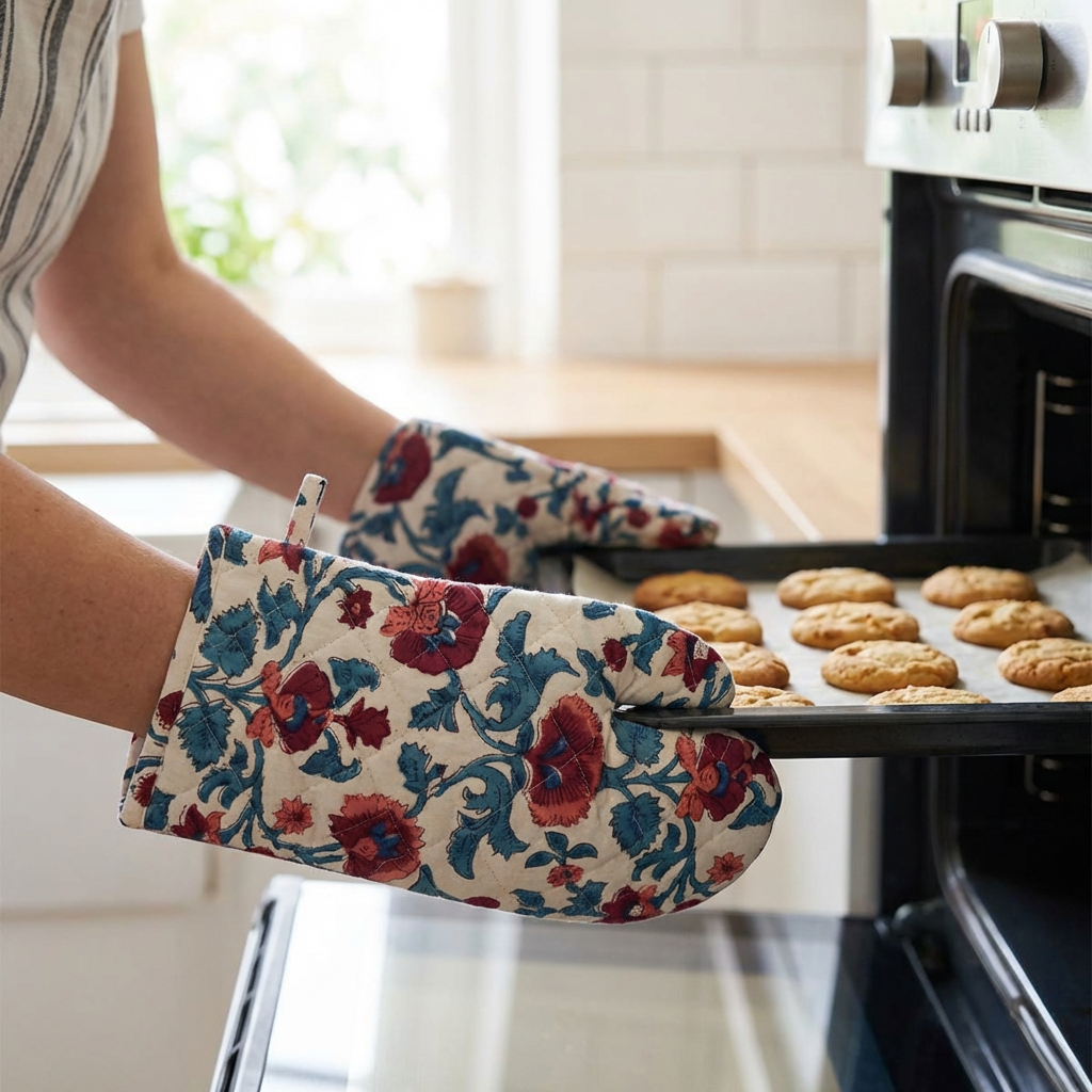 Artisan-Made Hand Block Printed Oven Mitt and Pot Holder Set Rukhsana Maroon Open 103616