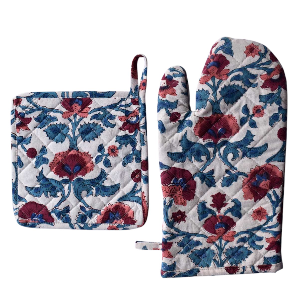Artisan-Made Hand Block Printed Oven Mitt and Pot Holder Set Rukhsana Maroon Open 103616