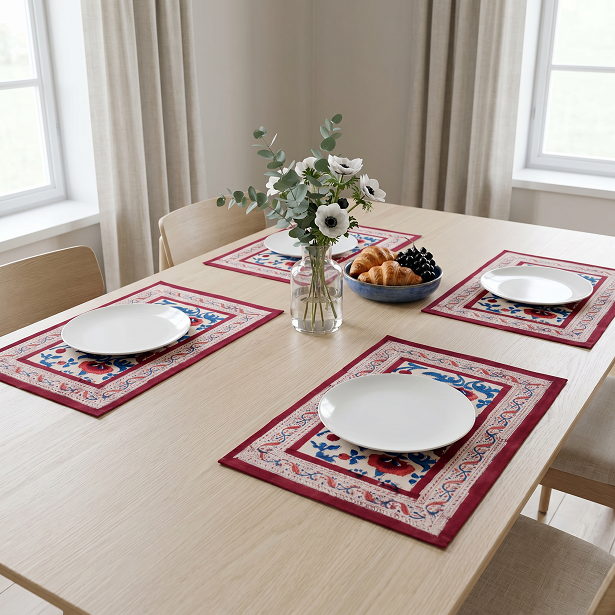 Hand Block Printed Cotton Canvas Table Mat 32x48 cms Set of 2 Table mats  Rukhsana Maroon Open 103616
