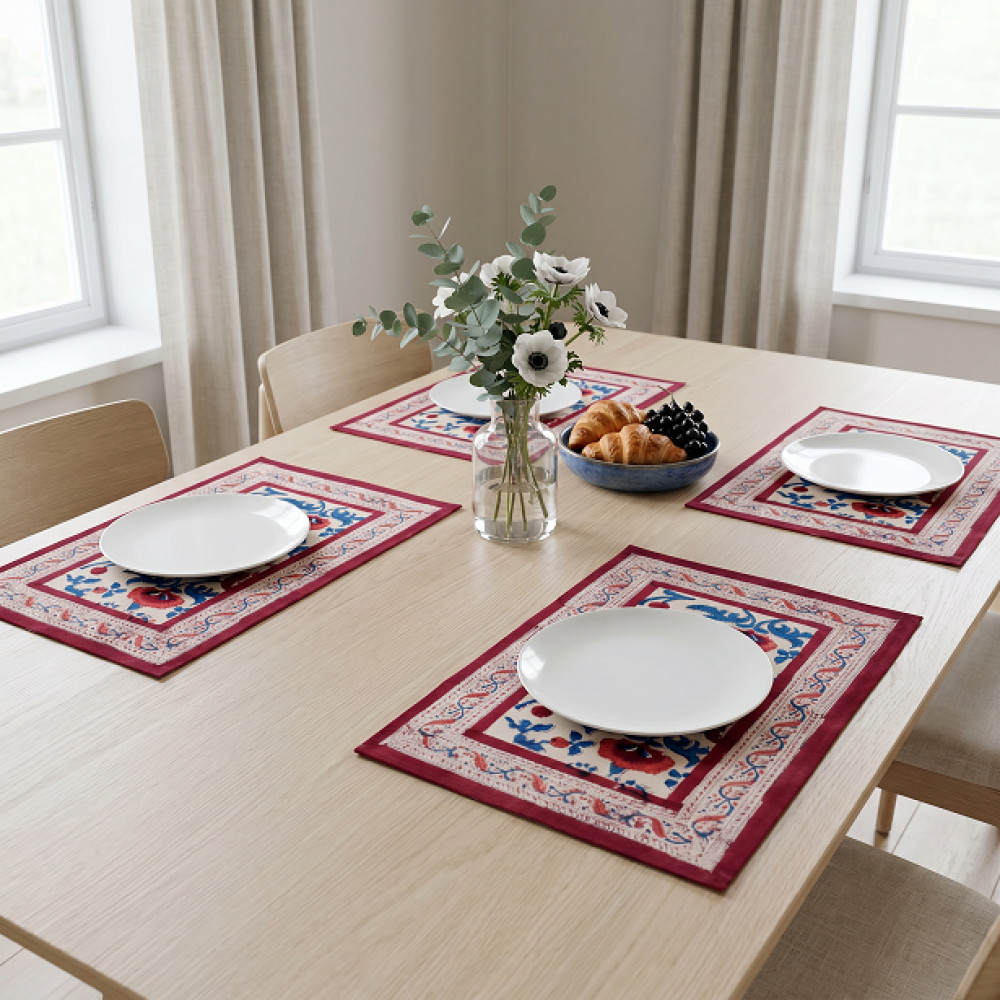 Image of Hand Block Printed Cotton Canvas Table Mat 32x48 cms (Set of 2 Table mats) | Rukhsana Maroon Open 103616